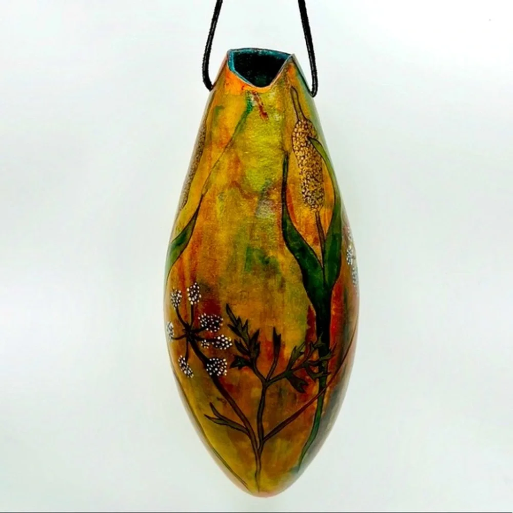 “ Hanging Cattails & Lace ” Original Gourd Art Vase / Vessel by Kristina Simkins - Picture 5 of 10